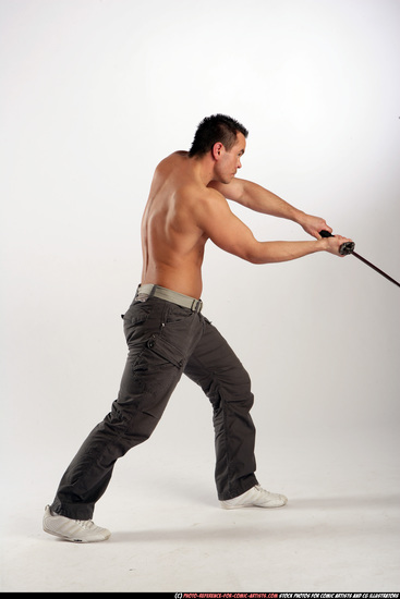 Man Adult Athletic White Fighting with sword Moving poses Pants