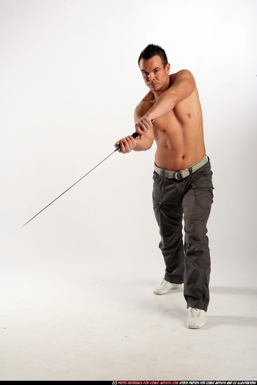 Man Adult Athletic White Fighting with sword Moving poses Pants