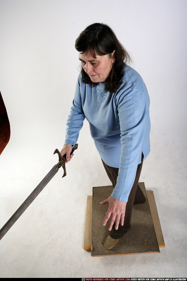 Woman Old Chubby White Fighting with sword Standing poses Casual