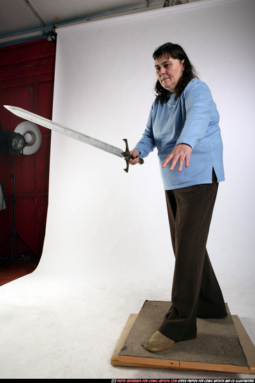 Woman Old Chubby White Fighting with sword Standing poses Casual