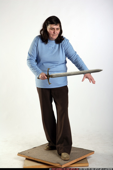 Woman Old Chubby White Fighting with sword Standing poses Casual