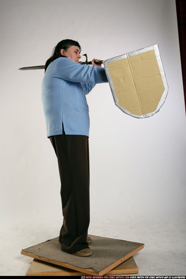 Woman Old Chubby White Fighting with sword Standing poses Casual