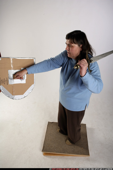 Woman Old Chubby White Fighting with sword Standing poses Casual