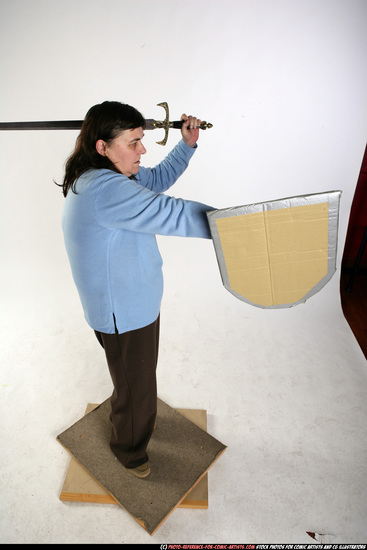 Woman Old Chubby White Fighting with sword Standing poses Casual