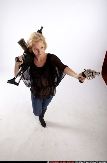 Woman Young Athletic White Fighting with gun Standing poses Casual