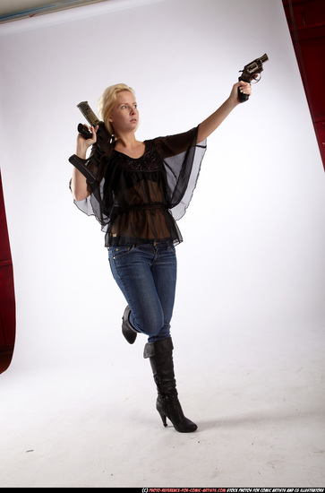 Woman Young Athletic White Fighting with gun Standing poses Casual