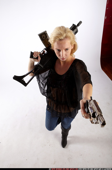 Woman Young Athletic White Fighting with gun Standing poses Casual