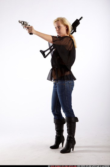 Woman Young Athletic White Fighting with gun Standing poses Casual