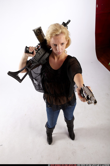 Woman Young Athletic White Fighting with gun Standing poses Casual