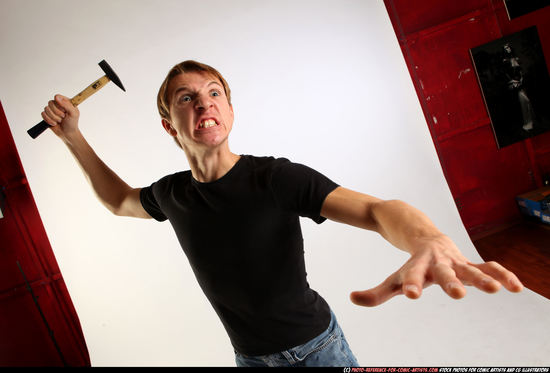 Man Young Athletic White Fighting with hammer Standing poses Sportswear