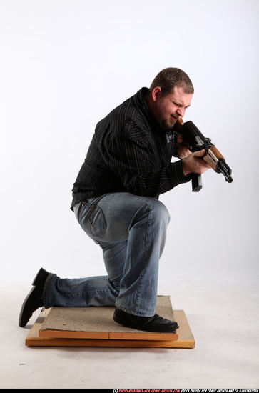 Man Adult Chubby White Fighting with submachine gun Kneeling poses Casual