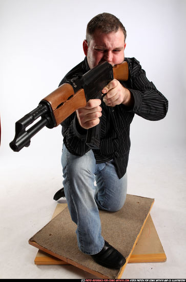 Man Adult Chubby White Fighting with submachine gun Kneeling poses Casual