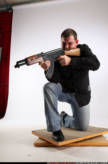 Man Adult Chubby White Fighting with submachine gun Kneeling poses Casual