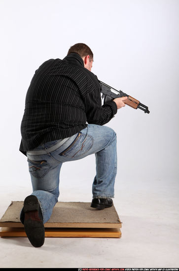 Man Adult Chubby White Fighting with submachine gun Kneeling poses Casual