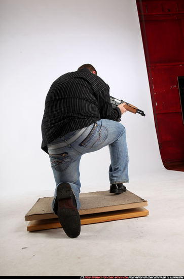 Man Adult Chubby White Fighting with submachine gun Kneeling poses Casual