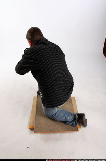 Man Adult Chubby White Fighting with submachine gun Kneeling poses Casual