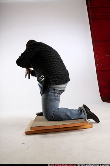 Man Adult Chubby White Fighting with submachine gun Kneeling poses Casual