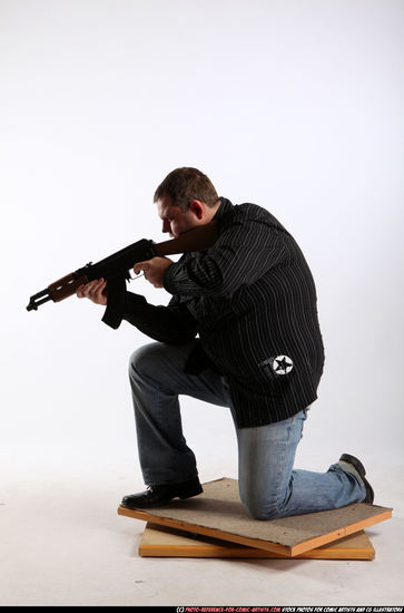 Man Adult Chubby White Fighting with submachine gun Kneeling poses Casual