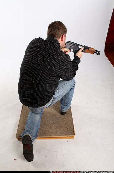 Man Adult Chubby White Fighting with submachine gun Kneeling poses Casual