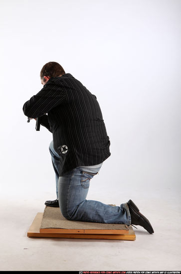 Man Adult Chubby White Fighting with submachine gun Kneeling poses Casual