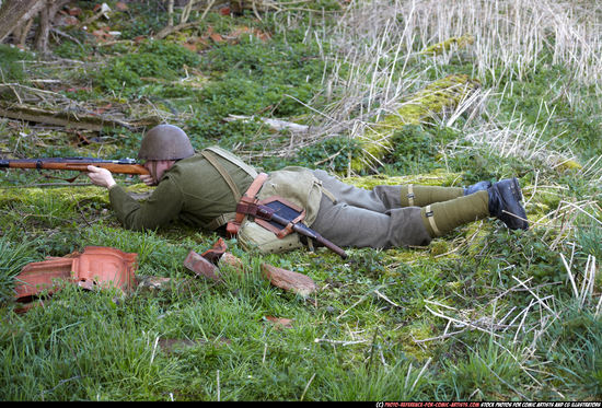 Man Adult Average White Fighting with rifle Laying poses Army