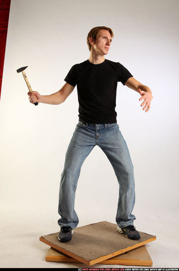 Man Young Athletic White Fighting with hammer Standing poses Sportswear