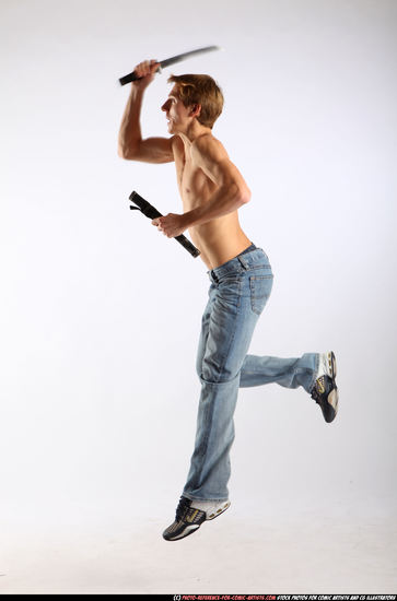 Man Young Athletic White Fighting with sword Moving poses Pants