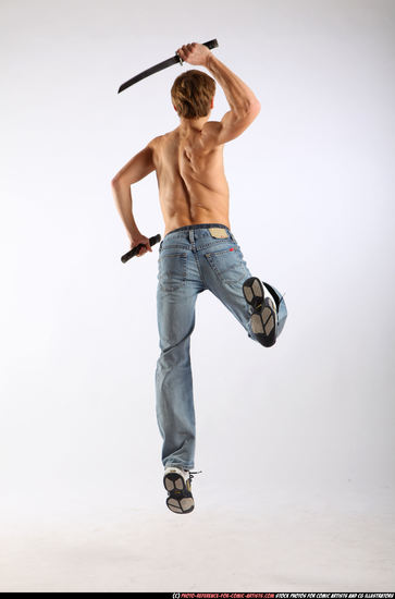 Man Young Athletic White Fighting with sword Moving poses Pants