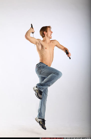 Man Young Athletic White Fighting with sword Moving poses Pants