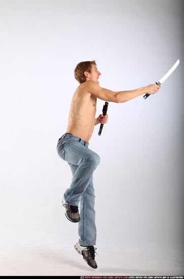 Man Young Athletic White Fighting with sword Moving poses Pants