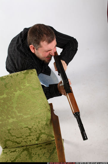 Man Adult Chubby White Fighting with submachine gun Kneeling poses Casual