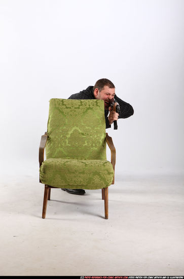 Man Adult Chubby White Fighting with submachine gun Kneeling poses Casual