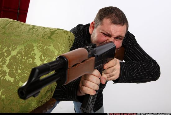 Man Adult Chubby White Fighting with submachine gun Kneeling poses Casual