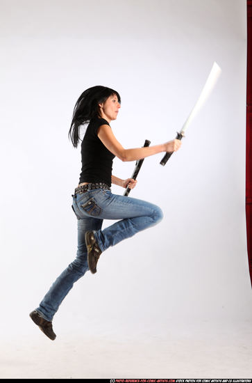 Woman Adult Athletic White Fighting with sword Moving poses Sportswear