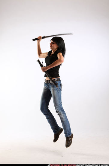 Woman Adult Athletic White Fighting with sword Moving poses Sportswear