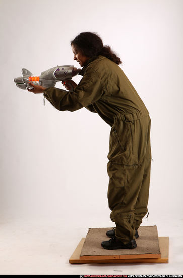 Woman Young Athletic Black Fighting with submachine gun Standing poses Army