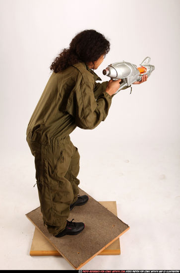 Woman Young Athletic Black Fighting with submachine gun Standing poses Army