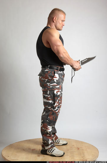 Man Adult Muscular White Fighting with knife Standing poses Army