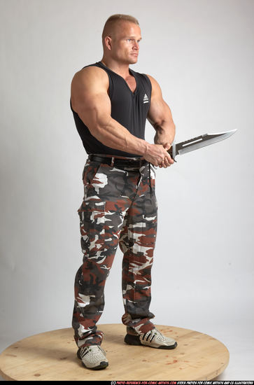 Man Adult Muscular White Fighting with knife Standing poses Army