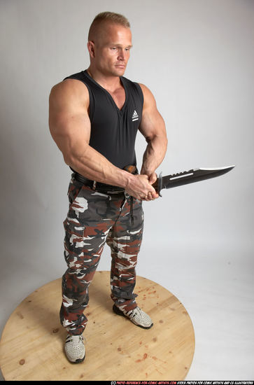 Man Adult Muscular White Fighting with knife Standing poses Army