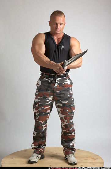 Man Adult Muscular White Fighting with knife Standing poses Army