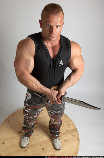 Man Adult Muscular White Fighting with knife Standing poses Army