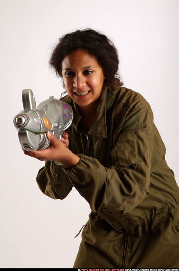 Woman Young Athletic Black Fighting with submachine gun Standing poses Army