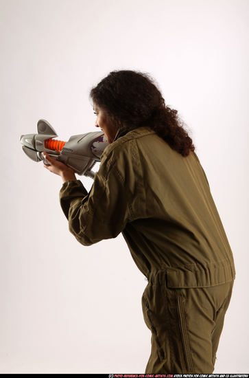 Woman Young Athletic Black Fighting with submachine gun Standing poses Army