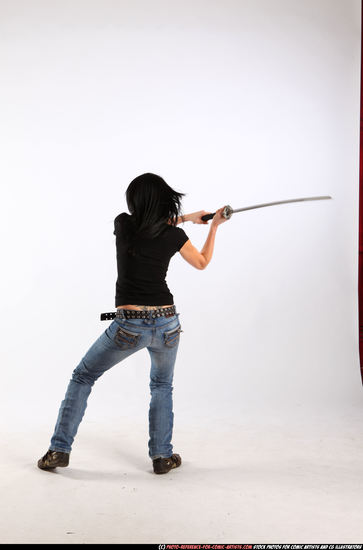 Woman Adult Athletic White Fighting with sword Moving poses Sportswear