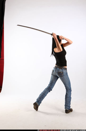 Woman Adult Athletic White Fighting with sword Moving poses Sportswear