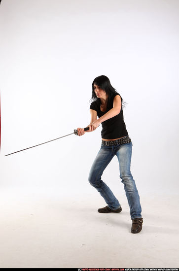 Woman Adult Athletic White Fighting with sword Moving poses Sportswear