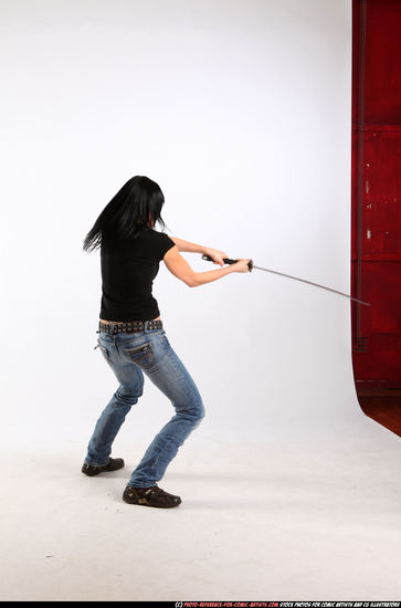 Woman Adult Athletic White Fighting with sword Moving poses Sportswear