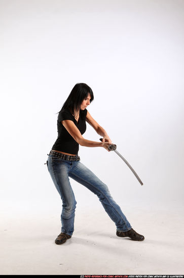 Woman Adult Athletic White Fighting with sword Moving poses Sportswear