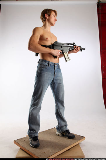 Man Young Athletic White Fighting with submachine gun Standing poses Pants